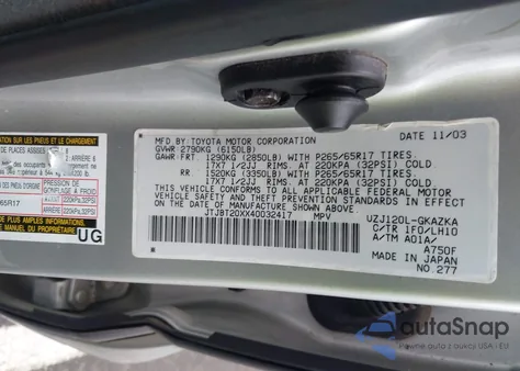 2004 Lexus Gx 470 из США, поврежденный, VIN JTJBT20XX40032417